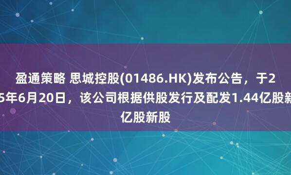 盈通策略 思城控股(01486.HK)发布公告，于2025年6月20日，该公司根据供股发行及配发1.44亿股新股